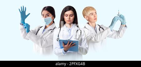 Concetto di medicina. Immagine composita con medico femminile in uniforme Foto Stock