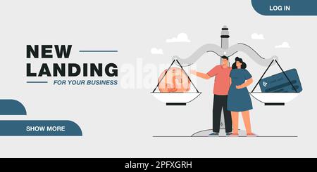 Coppia in piedi accanto a enormi bilance con moneta e carta di credito Illustrazione Vettoriale