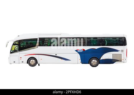Un autobus turistico parcheggiato isolato su sfondo bianco Foto Stock