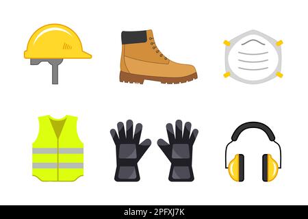 Concetto di sicurezza sul lavoro. Set di colori dell'attrezzatura di sicurezza. DPI, dispositivi di protezione individuale. Settore edile. Casco protettivo, maschera, scarpa, gilet. Illustrazione Vettoriale