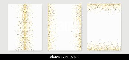 Tre modelli di invito oro glitter design. Design festivo di carte, inviti, opuscoli. Oro glitter su sfondo bianco. Illustrazione Vettoriale