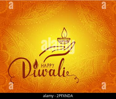Elegante card design del tradizionale festival indiano Diwali con lampada. Bel biglietto d'auguri per la festa di diwali. Illustrazione Vettoriale