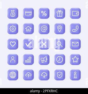 3d icone commerciali e di marketing. Set di simboli finanziari su pulsanti viola realistici. Loghi infografici e pittogrammi moderni. Piatto vettoriale Illustrazione Vettoriale