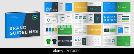 Modello di linee guida per il marchio. Modello di presentazione del manuale del marchio. Modello di linee guida per logo multicolore. Layout del libro della guida ai logo. Presentazione del logotipo Illustrazione Vettoriale
