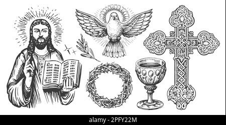 Fede nel concetto di Dio, disegno. Culto, chiesa, simboli religiosi in stile d'incisione vintage. Set di illustrazioni Foto Stock