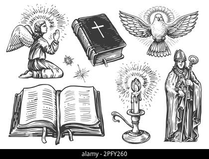 Angelo in preghiera con le ali, libro della Sacra Bibbia, candela accesa, messaggero della colomba volante, Vescovo. Set di illustrazioni religiose Foto Stock