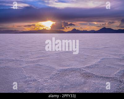 Tramonto a Bonneville Salt Flats, Utah USA Foto Stock