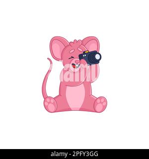 Adorabile cartone rosa del mouse personaggio prendendo foto adesivo Illustrazione Vettoriale