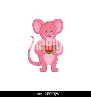 Felice rosa mouse cartone animato personaggio mangiare anguria adesivo Illustrazione Vettoriale