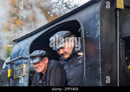 Il driver del motore ed il vigile del fuoco su un luogo di vapore, sulla ferrovia di Harz Foto Stock