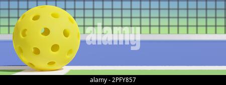 Palla di pickleball gialla sulla linea del campo. Primo piano del rendering 3D Foto Stock