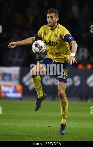 Ismael Kandouss di Union ha mostrato in azione durante una partita di calcio tra Royale Union Saint-Gilloise e KV Mechelen, domenica 19 marzo 2023 a Bruxelles, il giorno 30 della prima divisione del campionato belga della 'Jupiler Pro League' del 2022-2023. FOTO DI BELGA LAURIE DIEFFEMBACQ Foto Stock