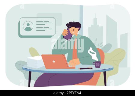 Lavoratore in ufficio che parla al telefono fisso illustrazione vettoriale Illustrazione Vettoriale