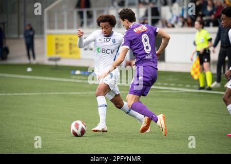 Losanna, Svizzera. 03rd Set, 2023. Brighton Labeau del FC Lausanne-Sport (96) è in azione durante il 26th° giorno della dieci Challenge League 2022-2023. La dieci Challenge League 2022-20223, si è svolta allo stadio Tuiliere di Losanna tra il FC Losanna-Sport e il FC Thun. Il Thun FC vince-3-1. (Foto di: Eric Dubost/Sipa USA) Credit: Sipa USA/Alamy Live News Foto Stock