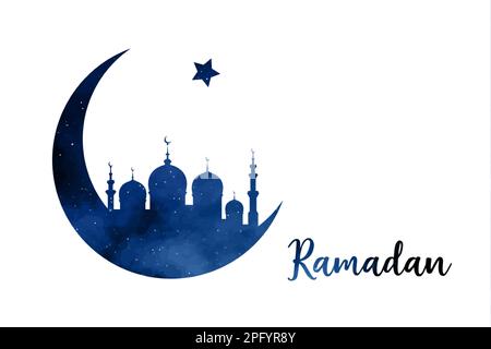 Concetto Ramadan a forma di luna crescente con moschea araba islamica per la celebrazione del mese Santo del Festival della comunità musulmana, silhouette blu vettoriale Illustrazione Vettoriale