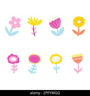 Set di piante astratte disegnate a mano. Illustrazione vettoriale di fiori colorati minimalisti, arte ingenua Illustrazione Vettoriale