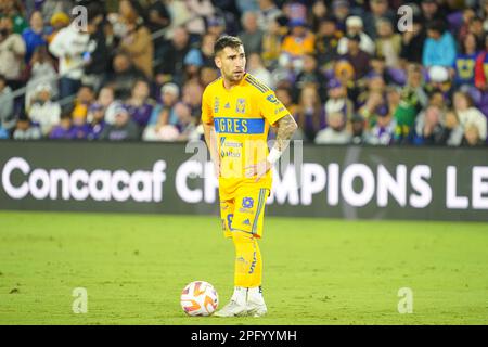 Orlando, Florida, USA, 15 marzo 2023, Tigres Midfielder Fernando Gorriaran #8 cerca di fare un calcio nel primo tempo all'Exploria Stadium. (Foto di credito: Marty Jean-Louis) Foto Stock