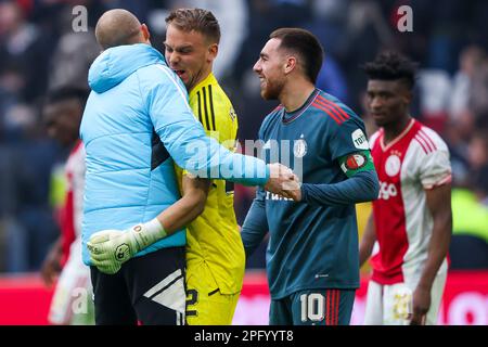 19-03-2023: Sport: AJAX contro Feyenoord AMSTERDAM, PAESI BASSI - Marzo 19: Portiere Timon Wellenreuther (Feyenoord Rotterdam) e Orkun Kokcu (Feyenoo Foto Stock