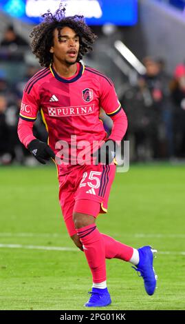 St Louis, Stati Uniti. 18th Mar, 2023. St Louis City centrocampista Aziel Jackson (25). La città di STL ha sconfitto i terremoti di San Jose, 3-0, in una partita di calcio della Major League il 18 marzo 2023 al CITY Park Stadium di St. Louis, Missouri, Stati Uniti. Foto di Tim Vizer/Sipa USA Credit: Sipa USA/Alamy Live News Foto Stock