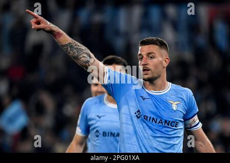 Roma, Italia. 19th Mar, 2023. Sergej Milinkovic Savic della SS Lazio gesta durante la Serie Una partita di calcio tra SS Lazio e AS Roma allo stadio Olimpico di Roma, 19th marzo 2023. Foto Andrea Staccioli/Insidefoto Credit: Insidefoto di andrea staccioli/Alamy Live News Foto Stock