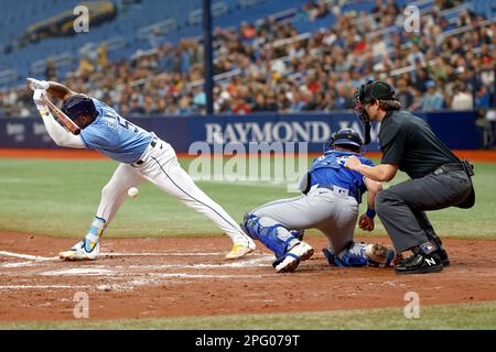 19 marzo 2023, St Petersburg, FL USA; Tampa Bay Rays shortstop wander Franco (5) è colpito da un campo durante una partita di allenamento primaverile MLB contro il to Foto Stock