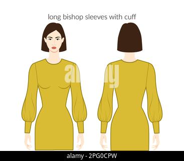 Bishop maniche con polsino lungo abiti carattere bella donna in ocra top, camicia, abito tecnico di moda illustrazione. Modello di abbigliamento piatto anteriore, posteriore. Donne, uomini unisex CAD mockup Illustrazione Vettoriale