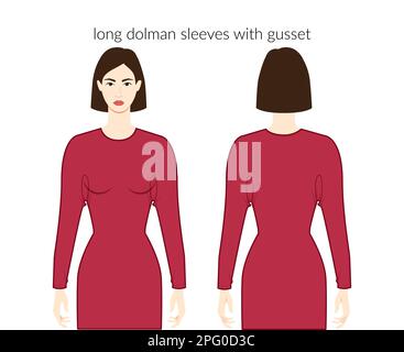 Maniche Dolman con tassello Magyar lunghezza lunga abiti donna personaggio in abito, top, camicia tecnica moda illustrazione, montato. Modello di abbigliamento piatto anteriore, posteriore. Donne, uomini unisex CAD mockup Illustrazione Vettoriale