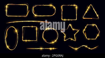 Forme scintillanti dorate, brillantezza magica. Set vettoriale di cornici, bordi e divisori dorati. Stella, rettangolo e ovale, quadrato o triangolo shini Illustrazione Vettoriale