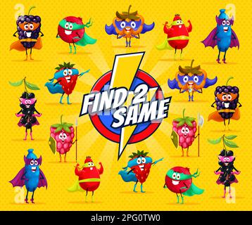 Trova due personaggi di bacca dello stesso supereroe dei cartoni animati. Foglio di lavoro di gioco vettoriale per bambini con fumetti blackberry, mirtillo e rosa canina. Mirtillo, mirtillo, ho Illustrazione Vettoriale