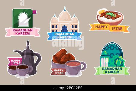 Set di adesivi della collezione di icone di ramadhan kareem iftar in set colorato comico Illustrazione Vettoriale