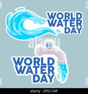Simbolo adesivo World Water Day di spruzzi d'acqua e rubinetto Illustrazione Vettoriale