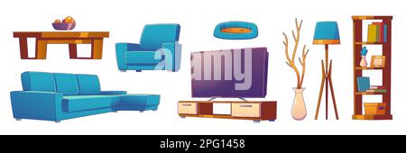 Mobili soggiorno per interni di casa. Casa o appartamento moderno set interno con televisione, divano, poltrona, tavolino, mensole, letto ped e piantana, illustrazione vettoriale in stile contemporaneo Illustrazione Vettoriale