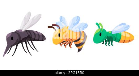 Mosquito ape e lucciola disegno illustrazione set di insetti stile cartone animato carattere Illustrazione Vettoriale