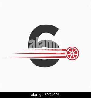 Sport Car Letter 6 Automotive Logo Concept con icona del pneumatico da trasporto Illustrazione Vettoriale