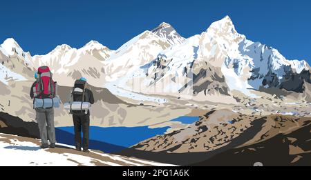 Monte Everest e Nuptse dal lato del Nepal come visto dalla cima di Kala Patthar e due turisti con grandi zaini, illustrazione vettoriale, il monte Nepal Himalaya Illustrazione Vettoriale