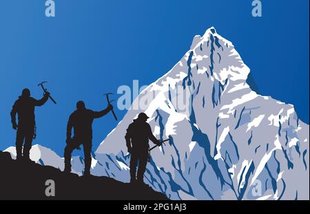 Illustrazione vettoriale del monte Machapuchare o Machhapuchhare e silhouette nera di tre scalatori con ascia di ghiaccio in mano, gamma Annapurna, Nepal Himala Illustrazione Vettoriale