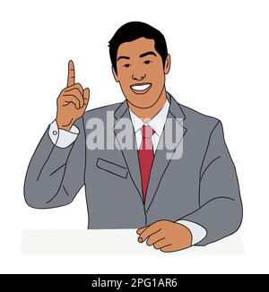 Felice uomo d'affari seduto alla scrivania, gesturing up. Illustrazione Vettoriale