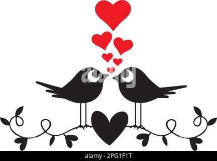 Uccelli coppia silhouette, vettore. Illustrazione di uccello che holing un cuore. Illustrazione romantica carina del cartone animato. Illustrazione Vettoriale