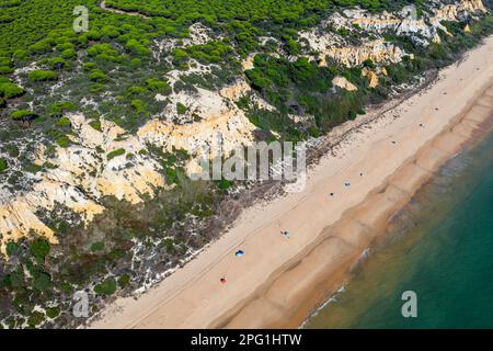 Veduta aerea della spiaggia di Fontanilla Sandy e scogliere, Mazagon, Costa de la Luz, Provincia di Huelva, Andalusia, Spagna, Europa tra il Parco Naturale di Doñana Foto Stock