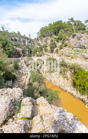 Antico ponte ad arco sulla gola del fiume Koprucay nel Parco Nazionale di Koprulu in Turchia. Vista panoramica sul canyon e sul fiume di montagna Foto Stock
