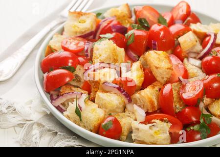 L'insalata di pane Acquasala è composta da pomodori freschi maturi e pane raffermo che vengono immersi in olio d'oliva, succhi di pomodoro e spesso aceto di primo piano sul pl Foto Stock