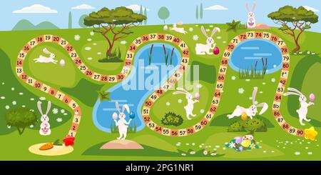 Gioco da tavolo di Pasqua per bambini con bunnys divertente, caccia alle uova Illustrazione Vettoriale