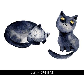 illustrazione acquerello con gatti neri, gatti d'alba a due mani, carino cartoon kitty, schizzo su sfondo bianco Foto Stock