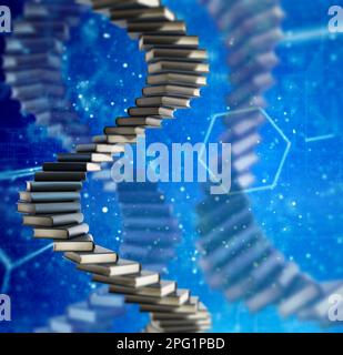 Pila di libri a forma di DNA su sfondo blu. Illustrazione 3D. Foto Stock