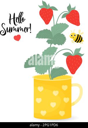 Poster ciao Estate. Rami di fragole con Berry e bella ape in tazza. Illustrazione vettoriale in stile cartoon flat Illustrazione Vettoriale