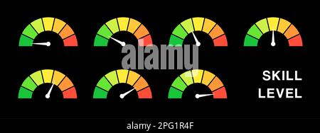 Set misuratore livello di abilità. Indicatori di difficoltà del livello di abilità per il vostro progetto. Set di illustrazioni vettoriali isolate. Illustrazione Vettoriale