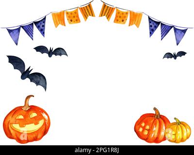 acquerello illustrazione del tema di halloween con pipistrello, zucca e altri, bordo, spazio per il testo su sfondo bianco Foto Stock