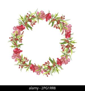 Acquerello illustrazione di Oleander. Set con fiori e foglie. Clip art isolata disegnata a mano su sfondo bianco. Foto Stock