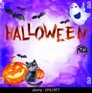 sfondo acquerello di tema halloween con pipistrelli, ragno, gatto, fantasma, zucca, disegno disegnato a mano, invito con spasper per testo Foto Stock