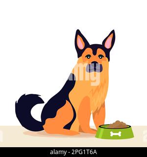 Cane pastore tedesco che mangia cibo per cani dalla ciotola di metallo. Per gli amanti dei pastori in ogni luogo. PET Day internazionale. Illustrazione Vettoriale